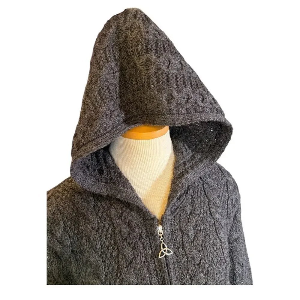 Inis Crafts Irish 100% Merino Wool Full Zip Cardigan Hood Size S Gray Cozy Gift